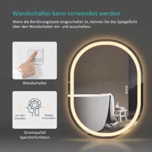 Ovaler Emke Badspiegel 70x50 cm mit LED-Beleuchtung, Touch-Steuerung, Wandschalter-Funktion und Speicherfunktion.