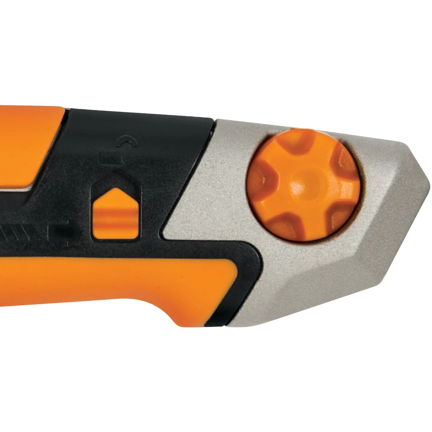 Detailaufnahme: Fiskars CarbonMax Abbrechklingenmesser (18 mm) mit orangefarbenem Griff und Stellrad.
