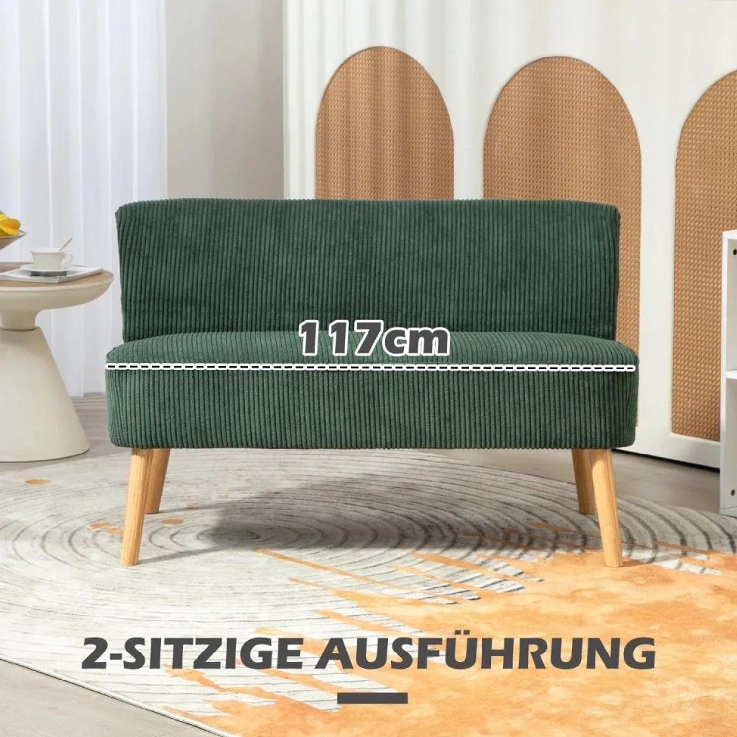 HOMCOM 2-Sitzer Sofa, dunkelgrün, gerippter Stoffbezug, Holzbeine. Moderne Couch 117 cm breit für Wohnzimmer.