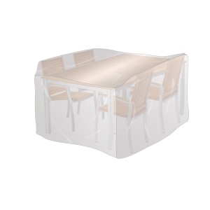 Transparente Schutzhülle (70x235x135 cm) für Gartentischgruppe, schützt vor Wind und Wetter.