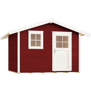 Schwedenrotes Gartenhaus mit Satteldach, weißem Rahmen, Fenster und Tür. Holz-Gartenhaus.
