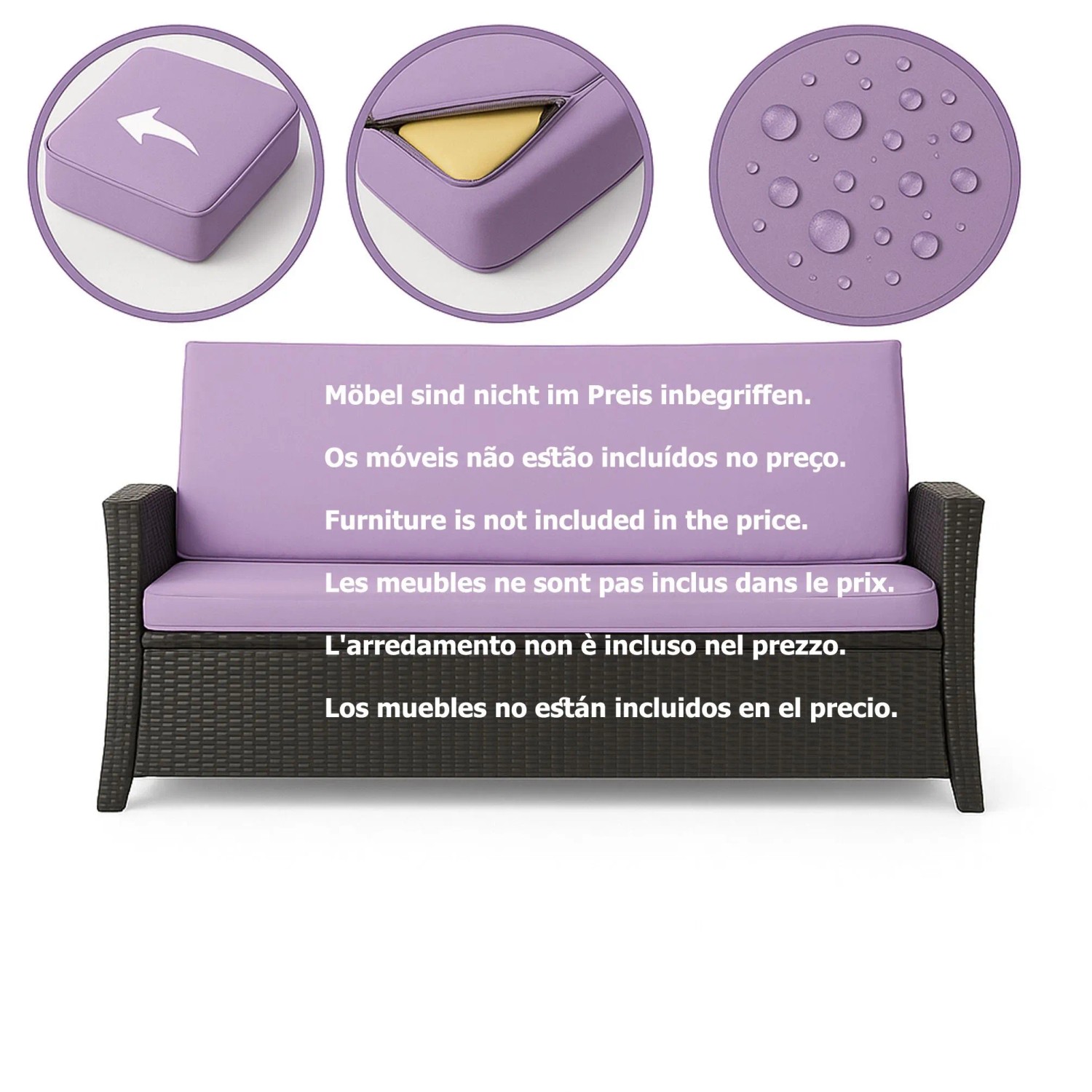 Lila Gartenkissen-Set (130x60x50cm) für 2-Sitzer Polyrattan Gartensofa. Abnehmbarer Bezug.