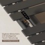 Schwarzer elektrischer Handtuchhalter, flach. LED-Display mit Touch-Steuerung zeigt 55°C, Timer und WiFi-Symbole.