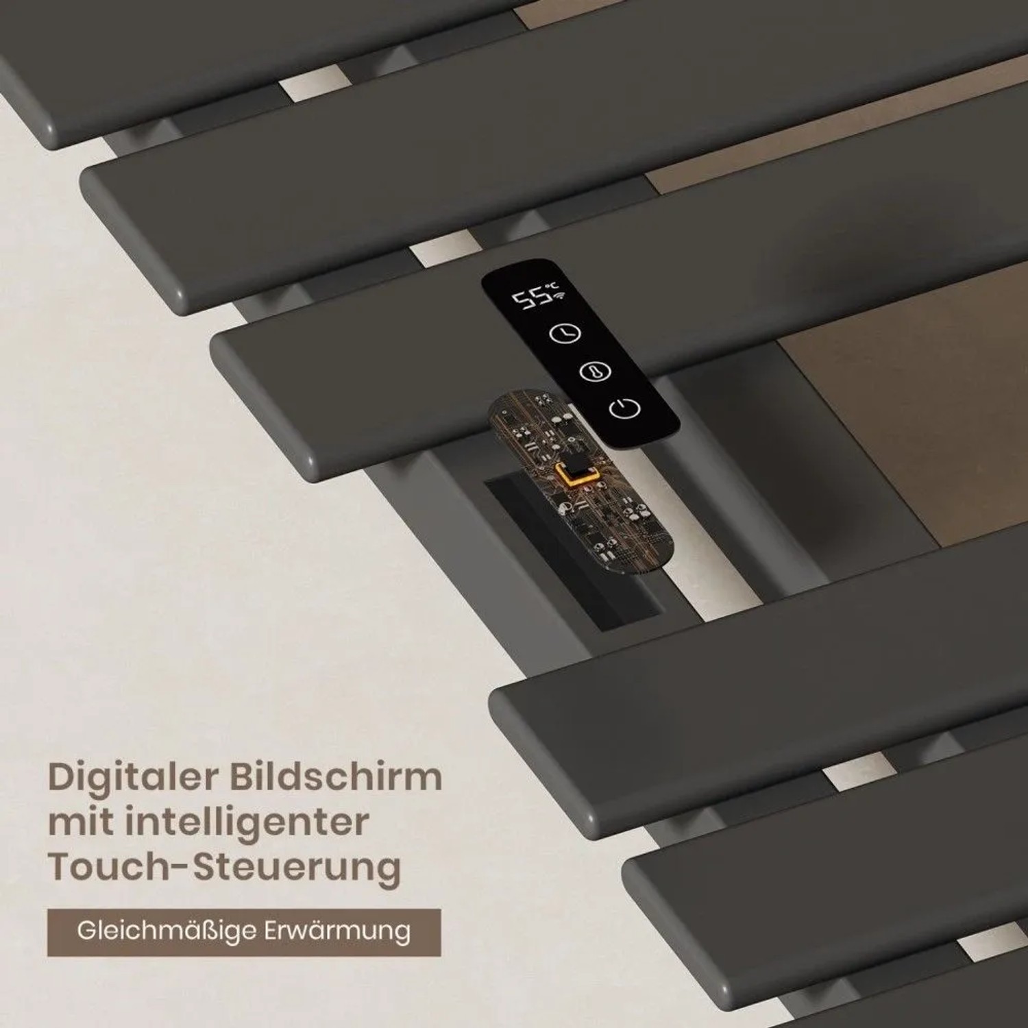 Schwarzer elektrischer Handtuchhalter, flach. LED-Display mit Touch-Steuerung zeigt 55°C, Timer und WiFi-Symbole.