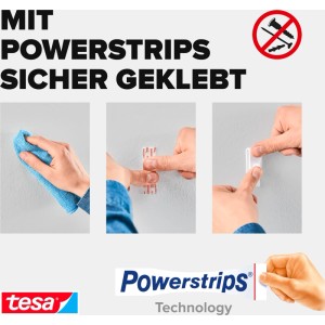Anwendung der tesa Powerstrips Gardinenhaken: Reinigen, Powerstrip anbringen, Haken befestigen. 4er-Pack.