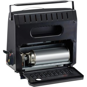 Mobiler Rowi Gas-Heizstrahler 2000 W in Schwarz mit Gaskartusche. Ideal für Outdoor-Aktivitäten.