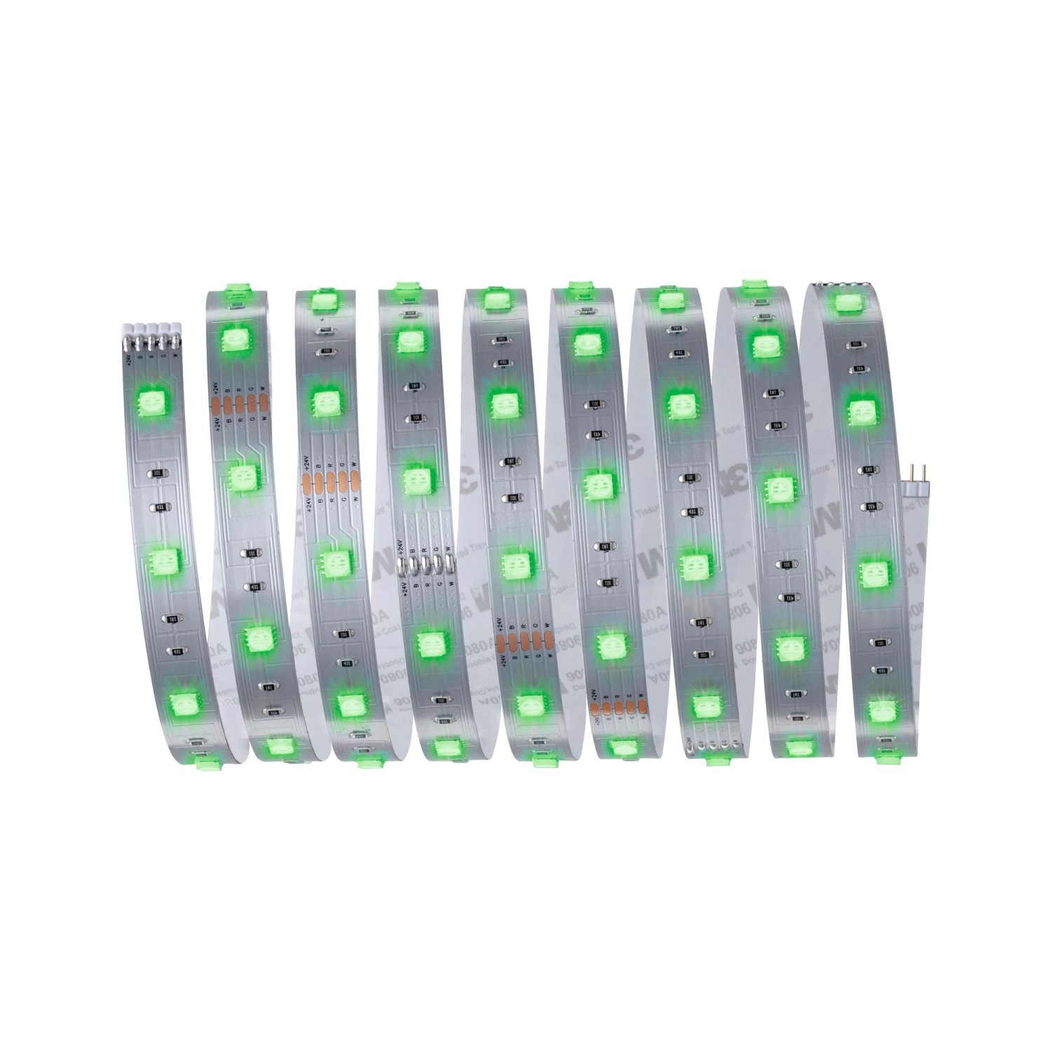 Flexibler Paulmann MaxLED 250 RGBW LED-Streifen, 2,5 m, silberfarben, mit grünen LEDs.