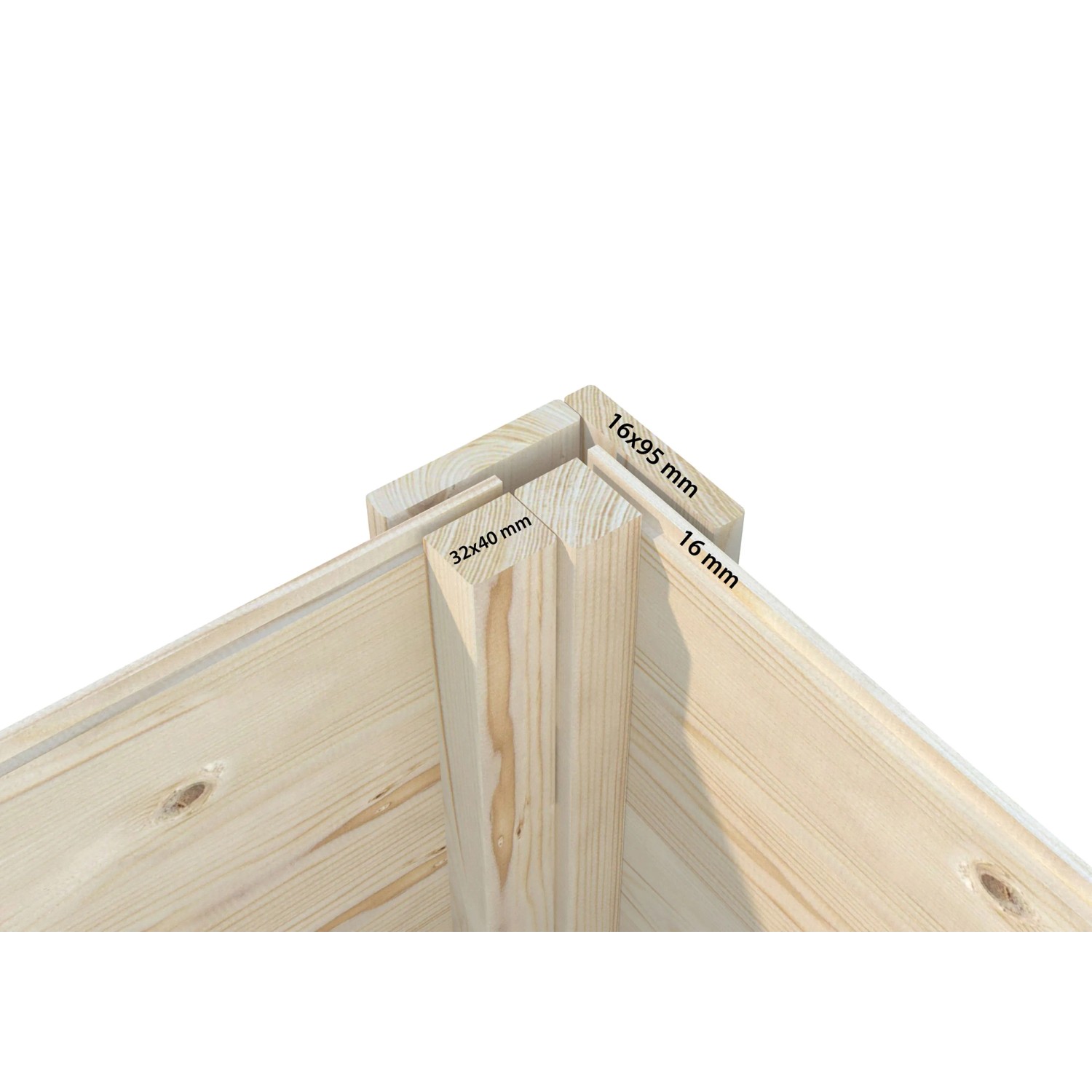 Detailaufnahme einer Ecke des Palmako Mia Holz-Gartenhauses mit Maßangaben.