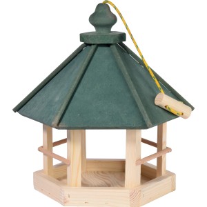 Vogelhaus mit grünem Dach aus Kiefernholz, mit Kordel zum Aufhängen. Vogelfutterspender.