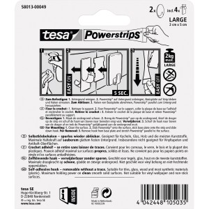 Tesa Powerstrips Klebehaken, 2 ovale Haken mit 4 Powerstrips Large, für bis zu 2 kg.