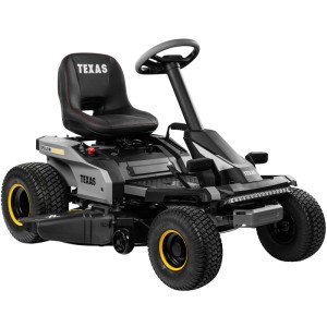 Texas Akku-Rasentraktor Epsilon R9600Li, grau-schwarz mit gelben Felgen, Lenkrad und 96 cm Mähdeck.