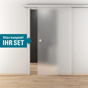 Glasschiebetür-Set Nova 501 Edelstahloptik, satinierte Tür mit Griffmuschel und Schiebetürsystem.