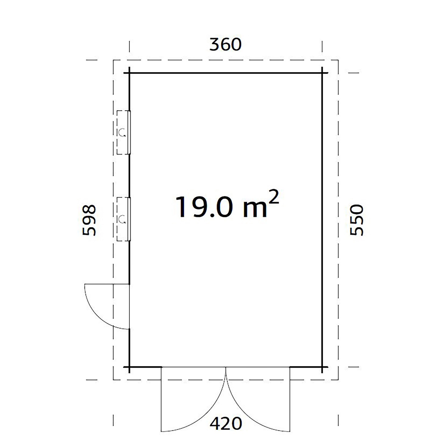 Grundriss Palmako Garage Rasmus, 360x550 cm, mit Holztor, lackiert weiß, FSC®-zertifiziert.