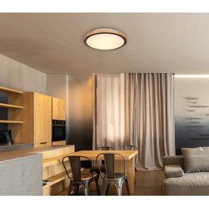 Globo LED-Deckenleuchte Bruno, schwarz matt, mit Holzrahmen, 437 mm Durchmesser.