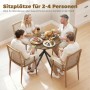 Runder Esstisch rustikal-braun mit schwarzen Kreuzbeinen, an dem 4 Personen essen. Ideal für Küche & Esszimmer.