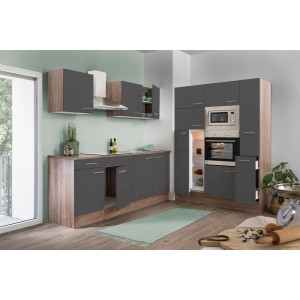 Respekta Küchenzeile KB360EYGMIGKE, 360 cm, Grau Seidenglanz mit Eiche York Dekor.