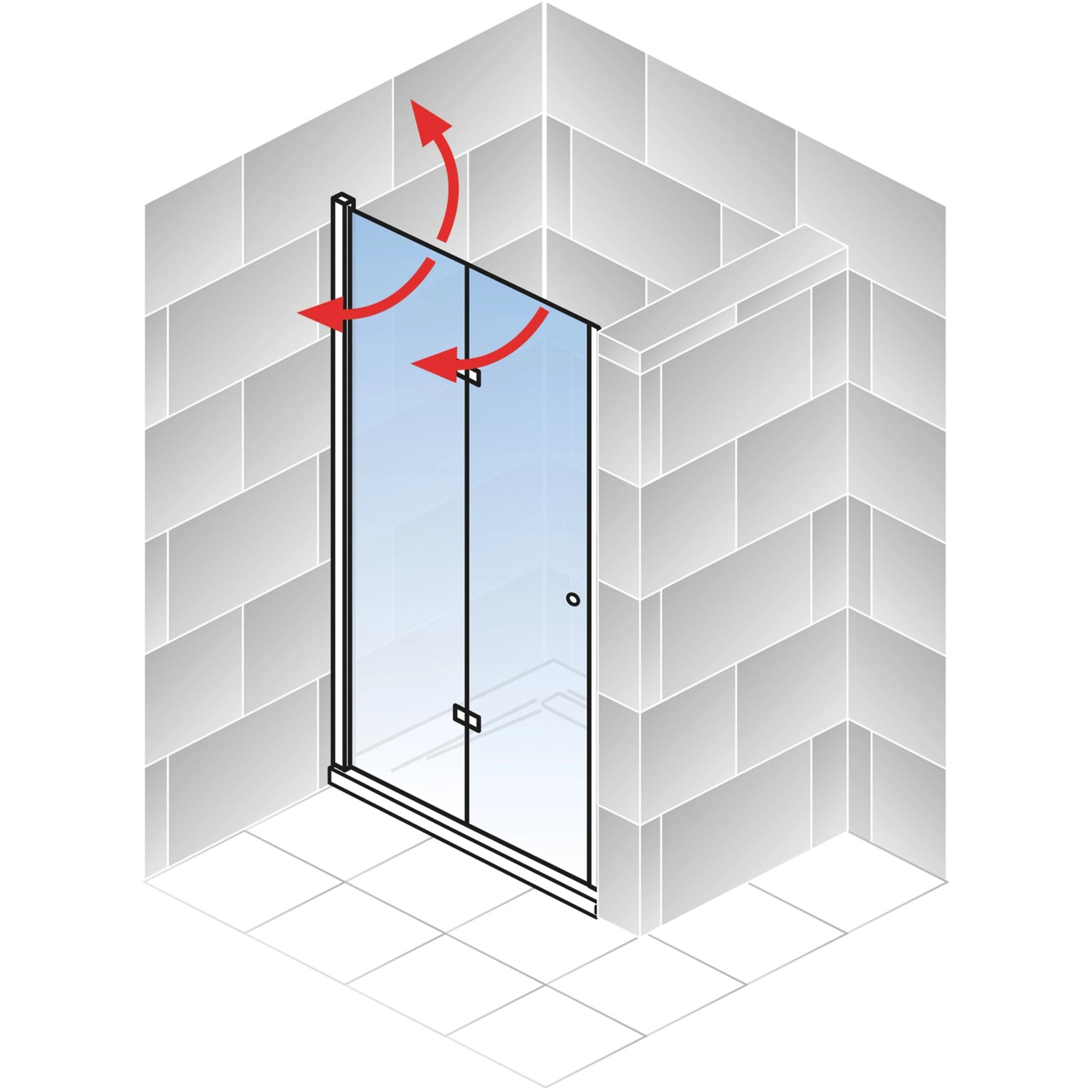Schulte ExpressPlus Drehfalttür in Chromoptik, 200x90 cm, mit roten Pfeilen zur Drehfunktion.