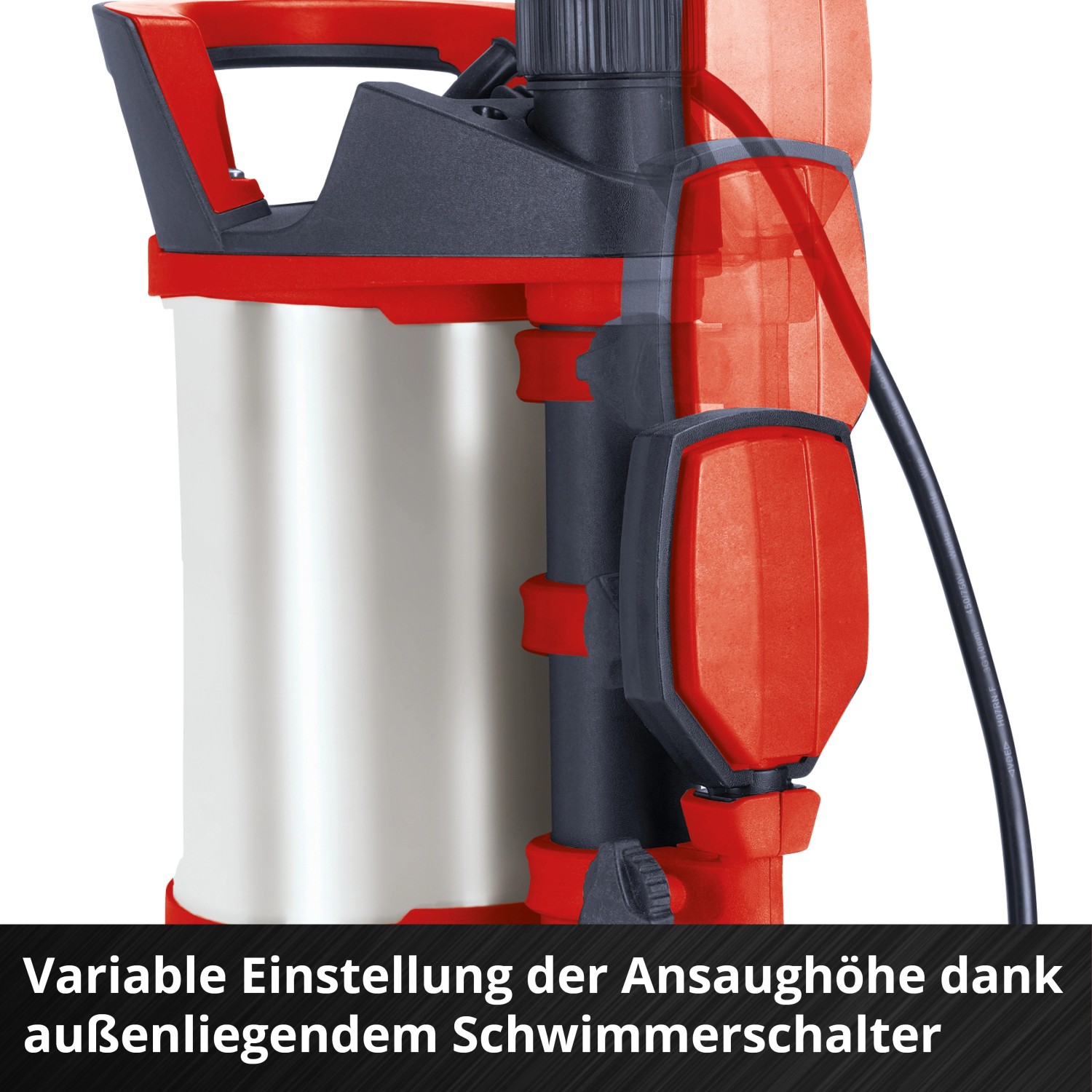 Detailaufnahme der Einhell GE-DP 7535 N LL Eco Schmutzwasserpumpe mit Schwimmerschalter.