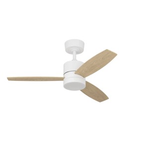 Weißer Eglo LED-Deckenventilator Mandaree mit Holzflügeln, 106 cm Durchmesser.
