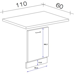 Skizze: Flex-Well Classic Geschirrspüler-Paket, Front Weiß, Arbeitsplatte Sonoma Eiche, Maße 110x85x60 cm.