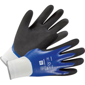 Blau-schwarze Gartenhandschuhe mit Nitril-Vollbeschichtung, Größe 10, für Gartenarbeiten.