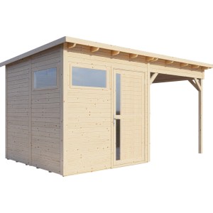 Bertilo Gartenhaus Pentus 2 Lounge aus naturbelassenem Holz mit Anbau und Flachdach.