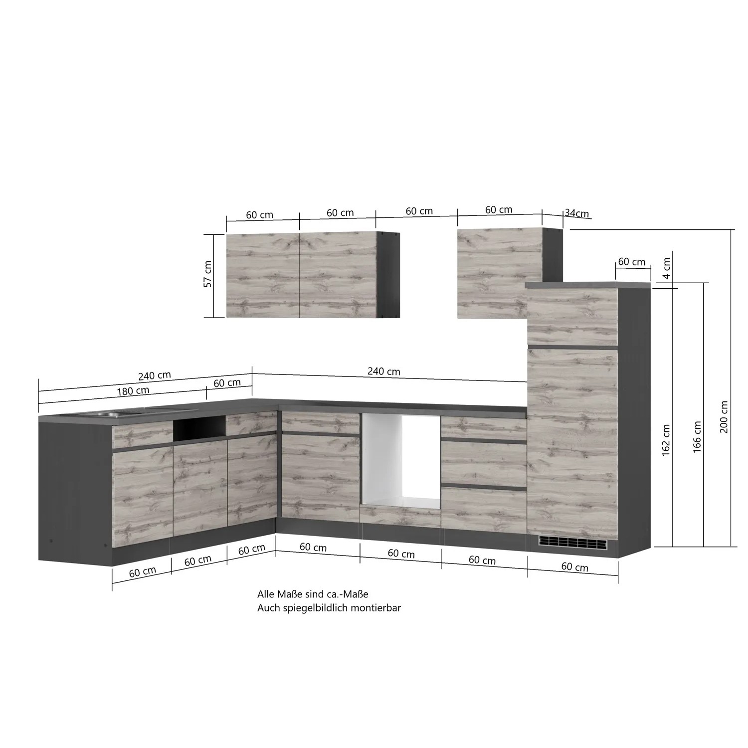 Held Möbel Winkelküche Turin, 240x300 cm, Wotaneiche/Graphit, ohne E-Geräte, mit Maßangaben.