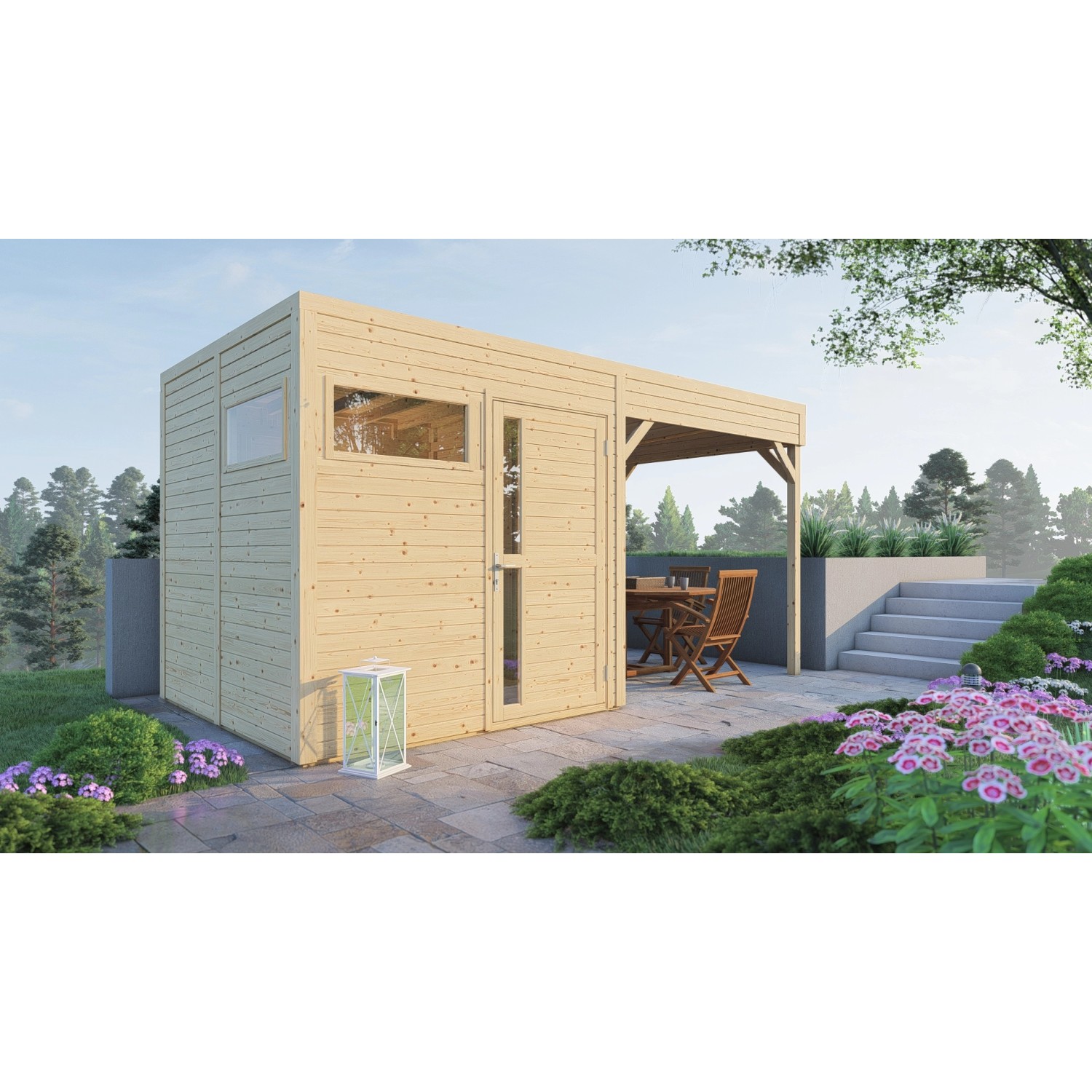 Bertilo Holz-Gartenhaus Cubus 2 Lounge: Gartenhaus mit überdachter Terrasse und Sitzgruppe.