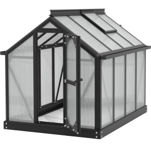 Vitavia Minigewächshaus Merlin, schwarz, mit geöffneter Tür und Dachfenster.