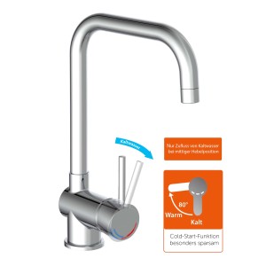 Eisl Spültischarmatur Futura Chrom mit hohem Auslauf und Cold-Start-Funktion.