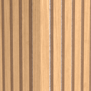 Denpanels Eckleiste Eiche. Detail der Holzmaserung und Lamellenoptik von Akustikpaneelen, die die Leiste ergänzt.
