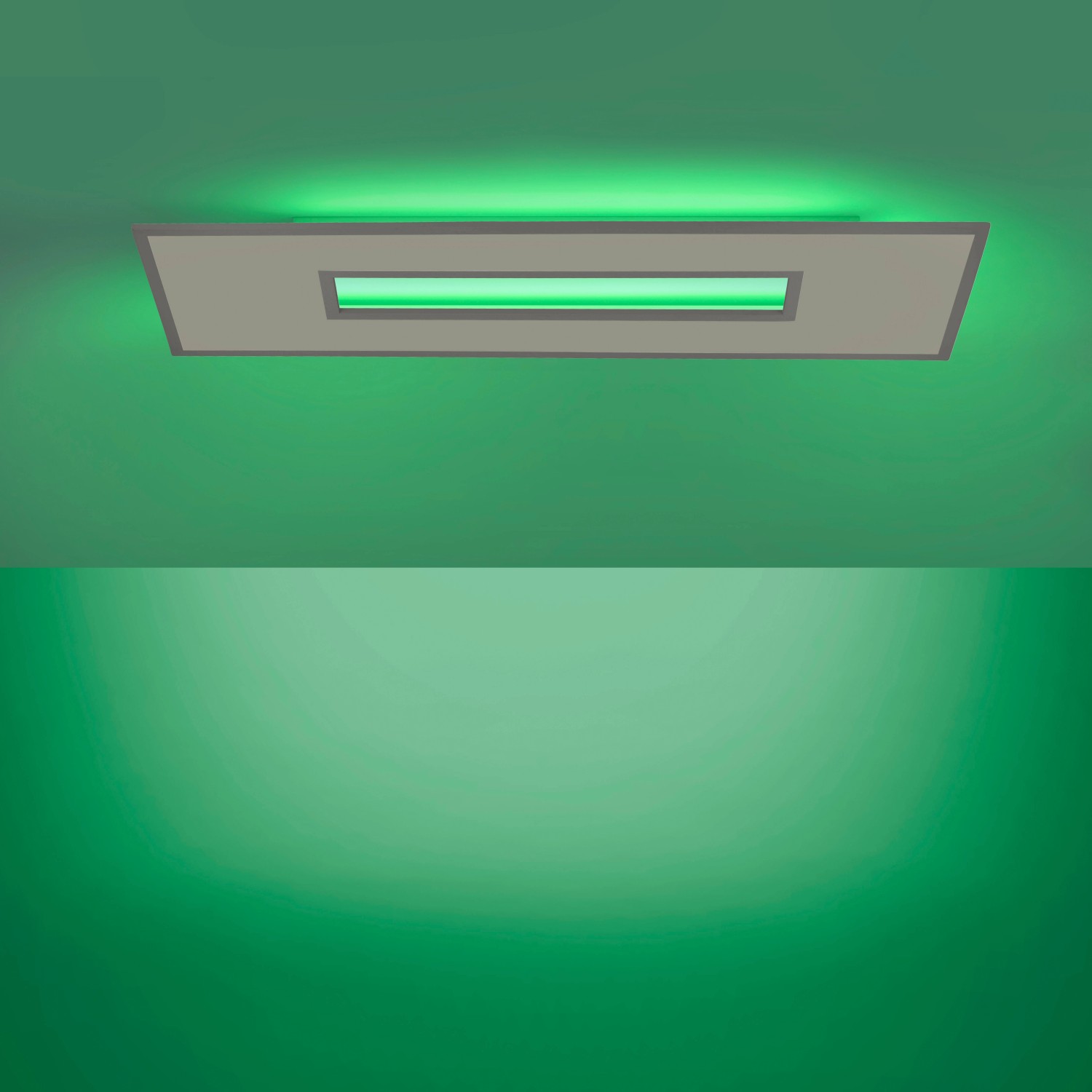 Weiße LED-Deckenleuchte Recess 120x40 cm mit CCT & RGB Hintergrundbeleuchtung.