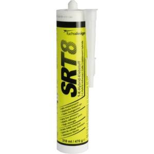 Kartusche mit Hybrid-Klebstoff SRT8 für Glasbausteine, gelbe Verpackung.