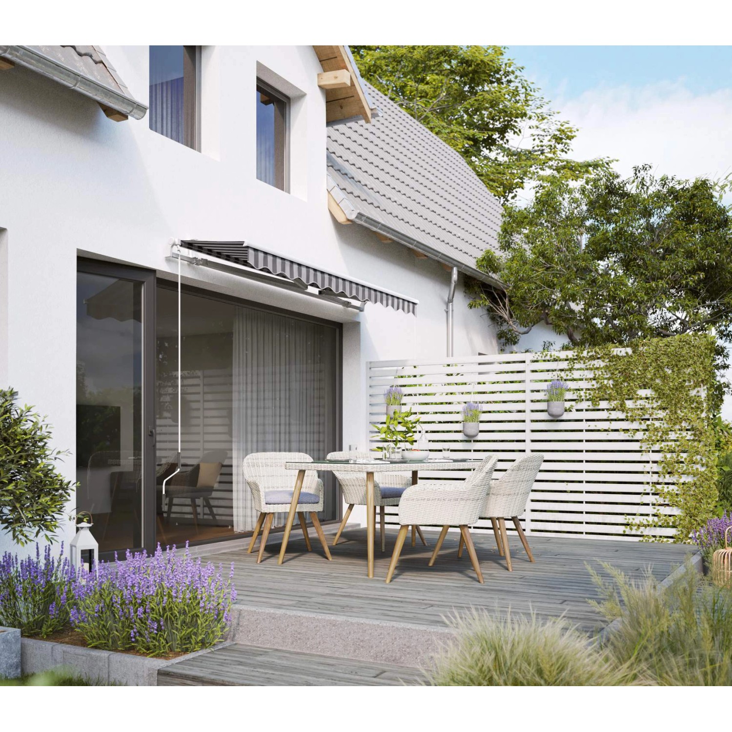 Gelenkarmmarkise Aventura 3x2m in Grau-Weiß spendet Schatten auf Terrasse mit Sitzgruppe.