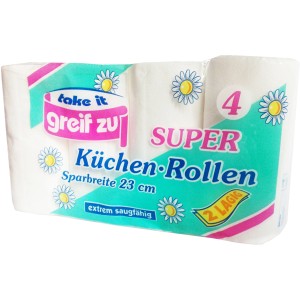 Greif zu Küchenrolle, 4 Rollen, 2-lagig, saugfähig, weiße Papierrollen.