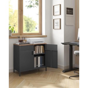 Songmics Aufbewahrungsschrank im Industrie-Design, schwarz-braun, mit offenen und geschlossenen Fächern.