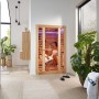 Redsun Deluxe Infrarotkabine aus Tannenholz mit zwei Personen in Nutzung.