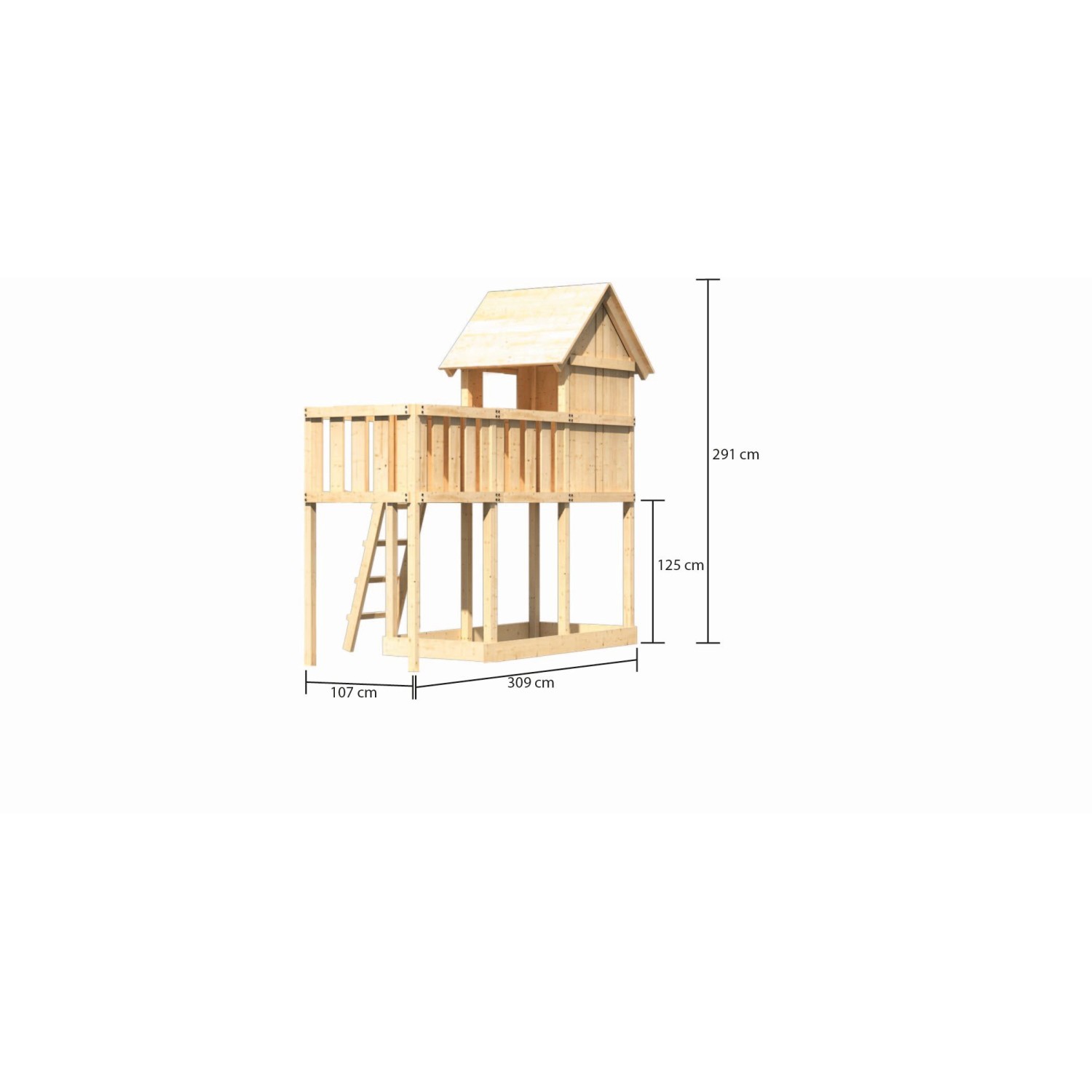 Karibu Stelzenhaus Frieda mit Anbauplattform aus naturbelassenem Holz, inkl. Leiter und Sandkasten.