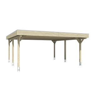 Skan Holz Doppelcarport Spessart aus Holz mit Flachdach und sechs Pfosten.