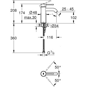 Technische Zeichnung: Grohe Essence Waschtischarmatur, S-Size, Hard Graphite gebürstet, mit Maßangaben.