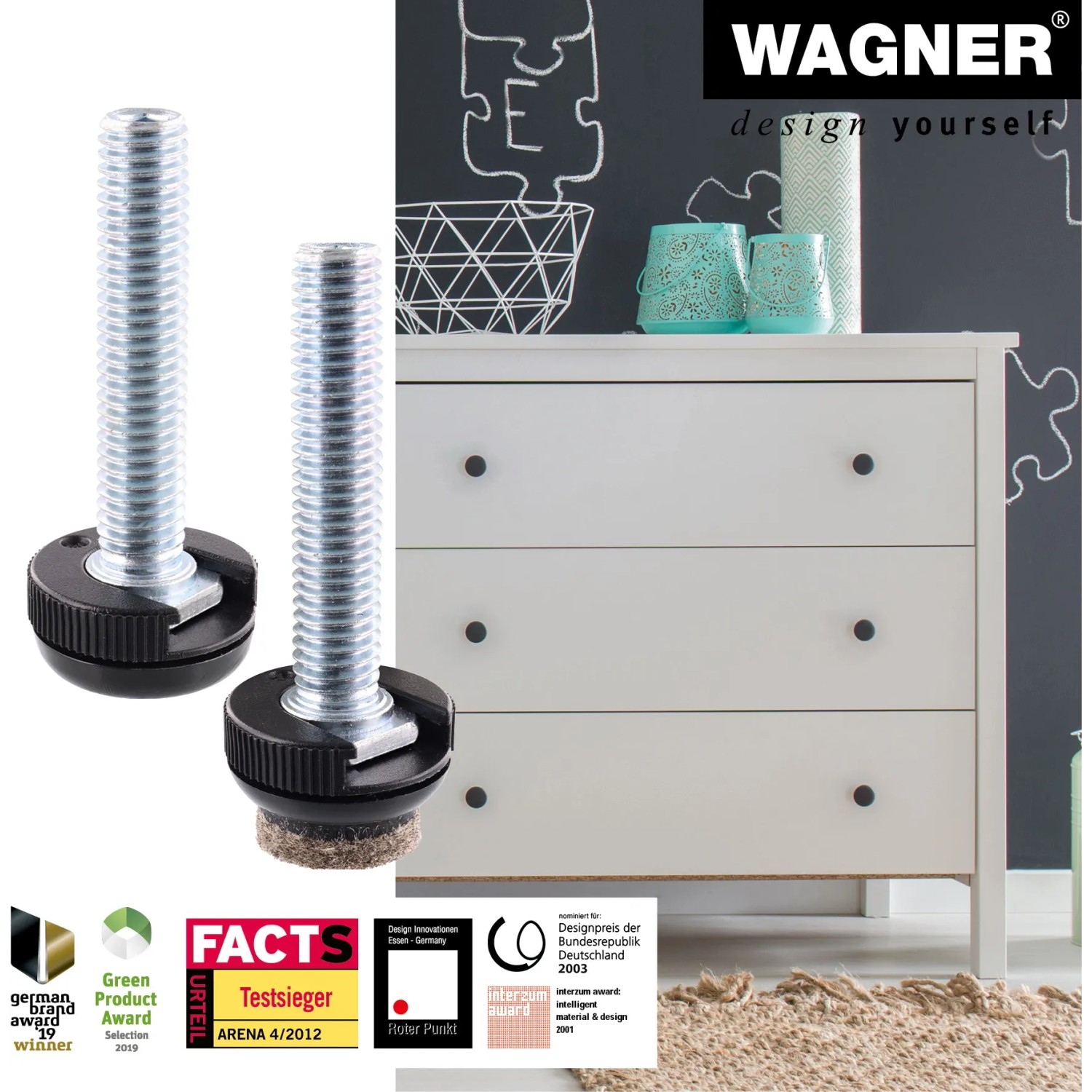 Wagner Verstellfüße Justus Slim, 4er Set Möbelbeine mit QuickClick System und Gleiteinsätzen, 4,7 cm.