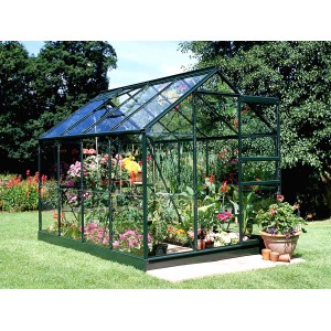 Grünes Halls Gewächshaus Popular 86 mit Pflanzen auf Rasen, 5 m² Grundfläche.