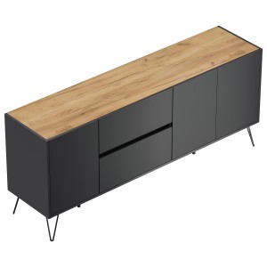 Posseik Sideboard Industrial I, 180 cm, Grafit/Eiche, mit 2 Schubladen und 3 Türen.