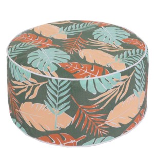 Runder MCW Sitzhocker mit Blattmuster in Grün, Orange und Türkis. Ideal als Gartenstuhl.