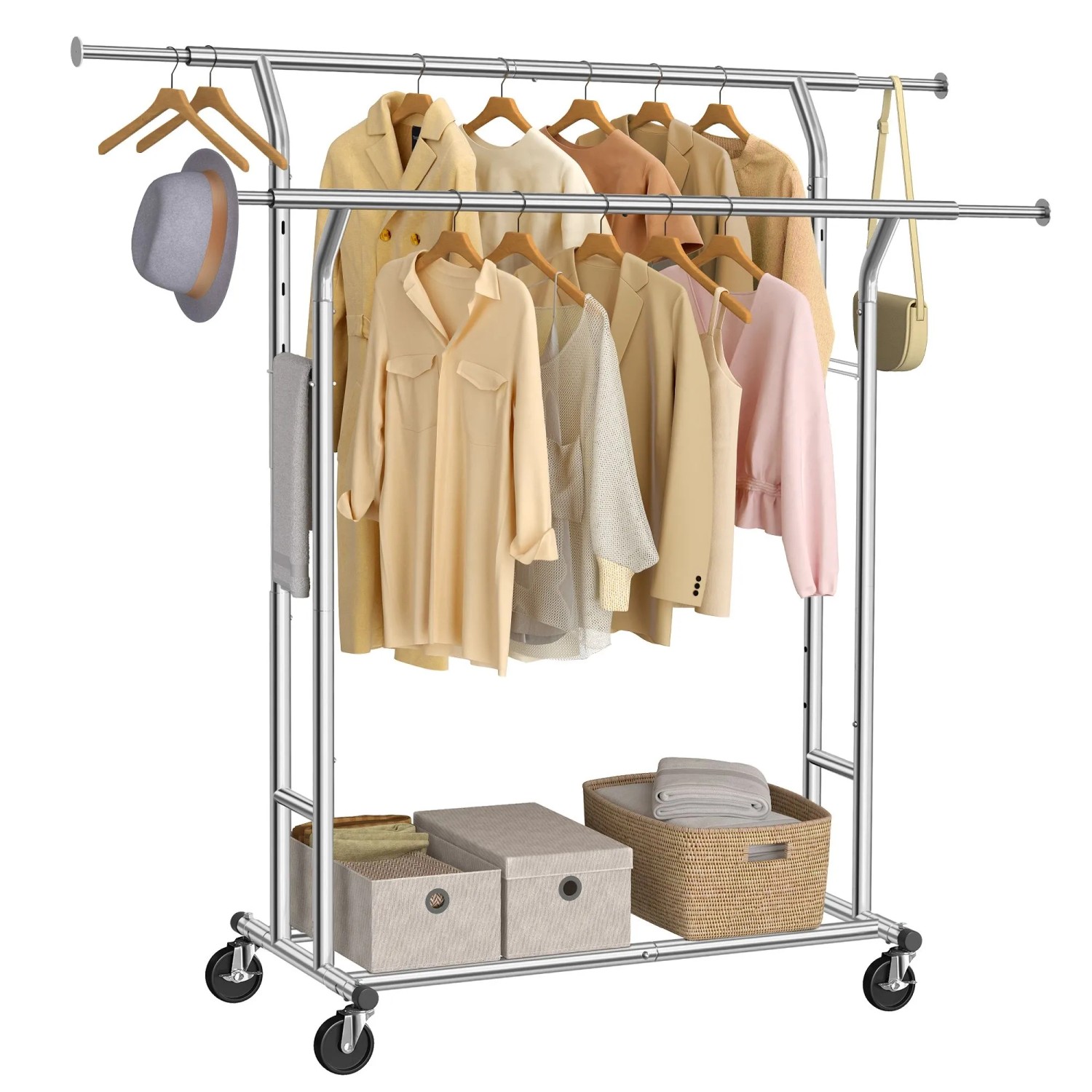 Songmics Kleiderständer Pataye, Schwerlast, Metall, Silber, mit Kleidung, Hüten und Aufbewahrungsboxen.