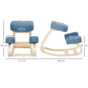 Blauer ergonomischer Kniestuhl aus Birkenholz. Gepolsterter Hocker mit Kniepolstern für gesunde Sitzhaltung.