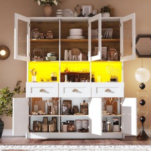 okwish Vitrinenschrank mit LED-Beleuchtung Verstellbare Ablagen Küche 140x40x175cm Weiß