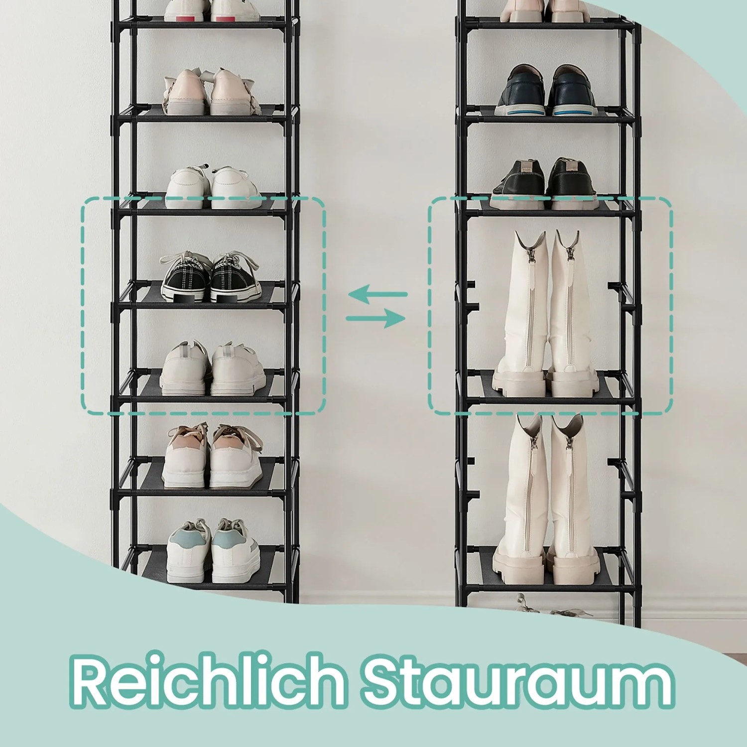 Schwarzes Songmics Schuhregal Rylan mit 10 Ebenen und verschiedenen Schuhen.