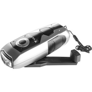 Varta Dynamo Taschenlampe, silberfarben, mit Kurbel zum Aufladen und Handschlaufe.