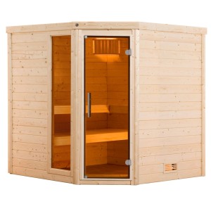 Weka Massivholzsauna Turku mit Glastür und Fenster, naturbelassenes Fichtenholz.